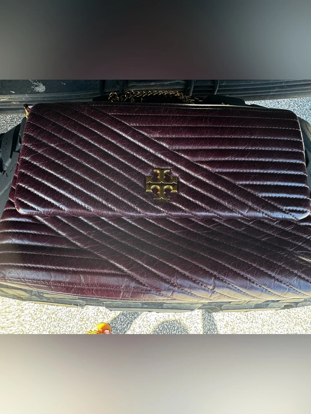 Tory Burch Quilted Chevron Convertible Clutch in Deep Burgundy with Gold Logo